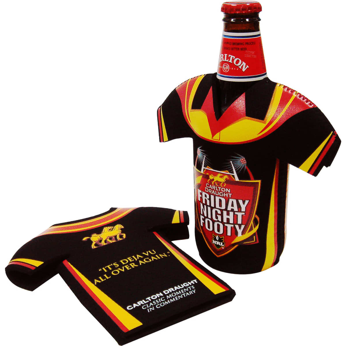 A drink bottle cooler designed like a football jersey, featuring black, red, and yellow colours, with a logo.
