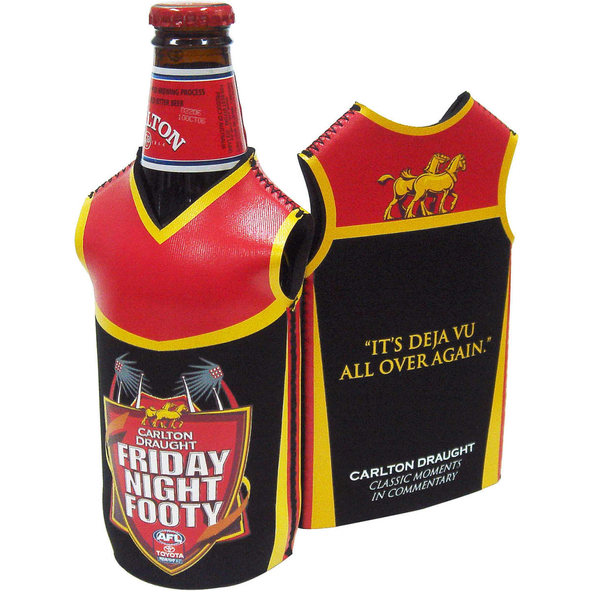 A drink bottle cooler in red, black, and gold, featuring a football jersey design and a logo.