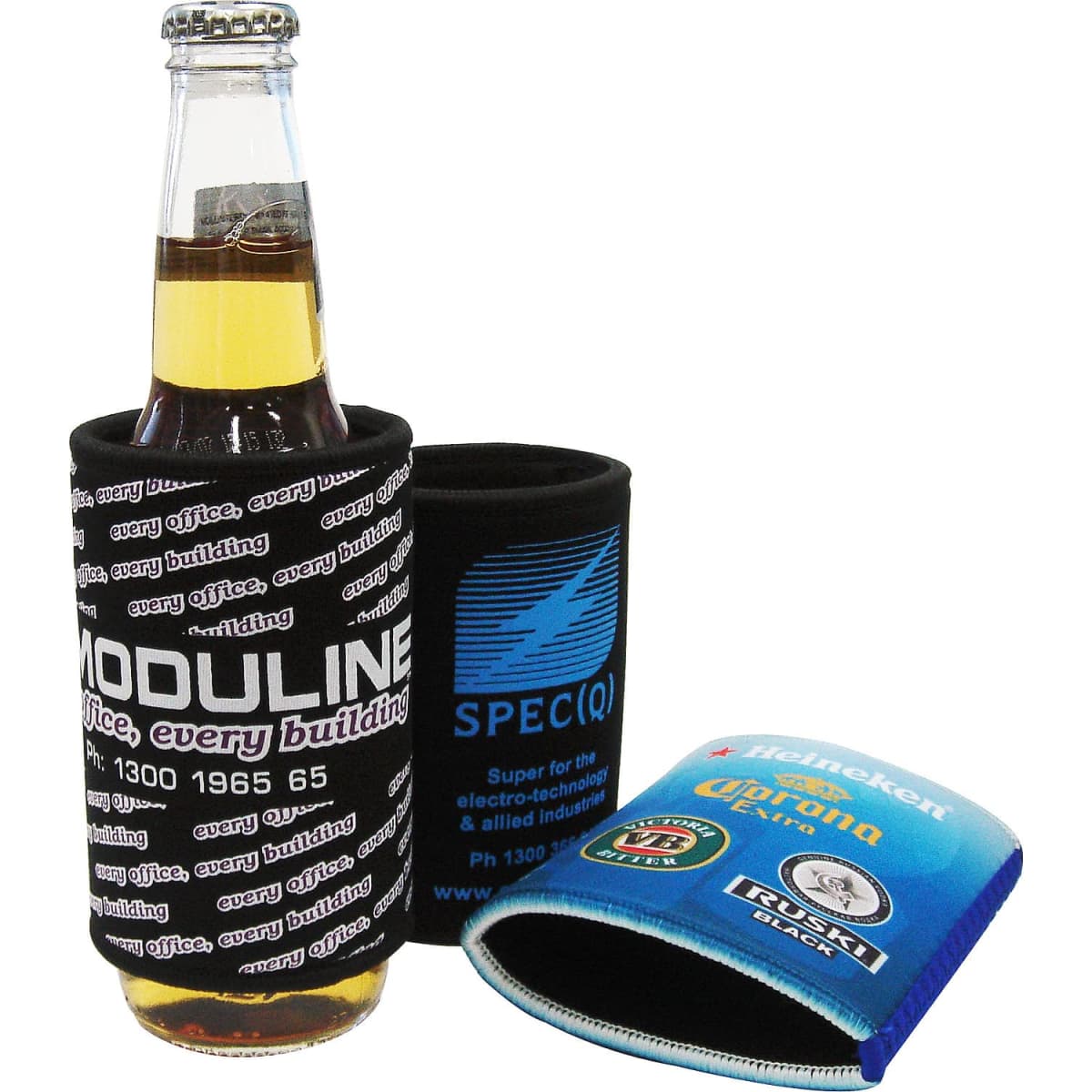 A drink bottle in a black, branded can cooler, alongside a blue and a grey can cooler with logos.