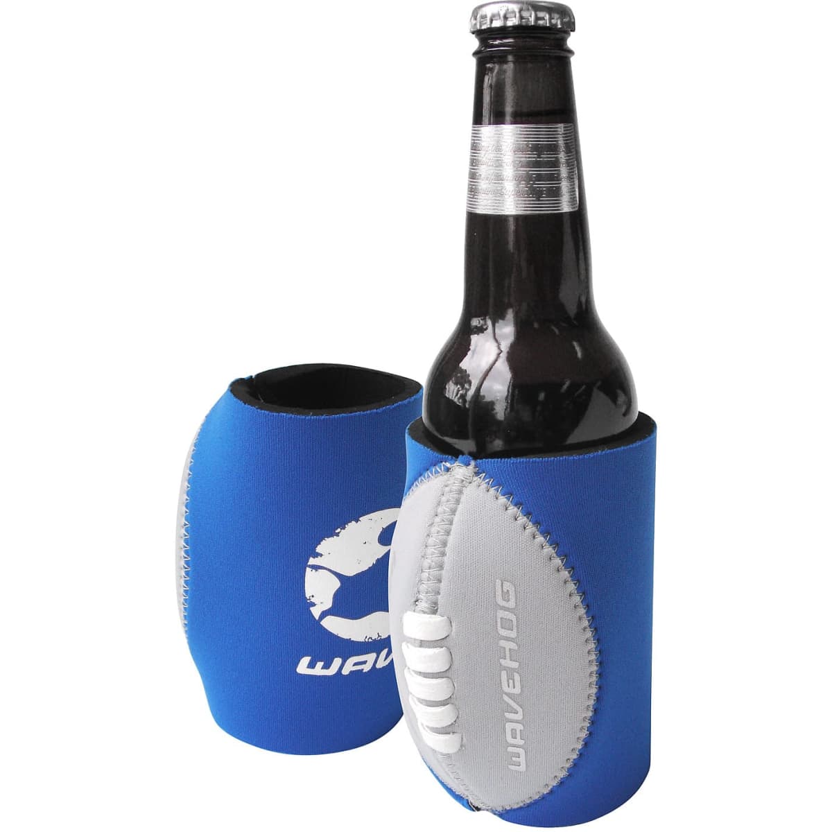 A drink bottle is nestled in a blue footy can cooler with a grey football design and a logo.
