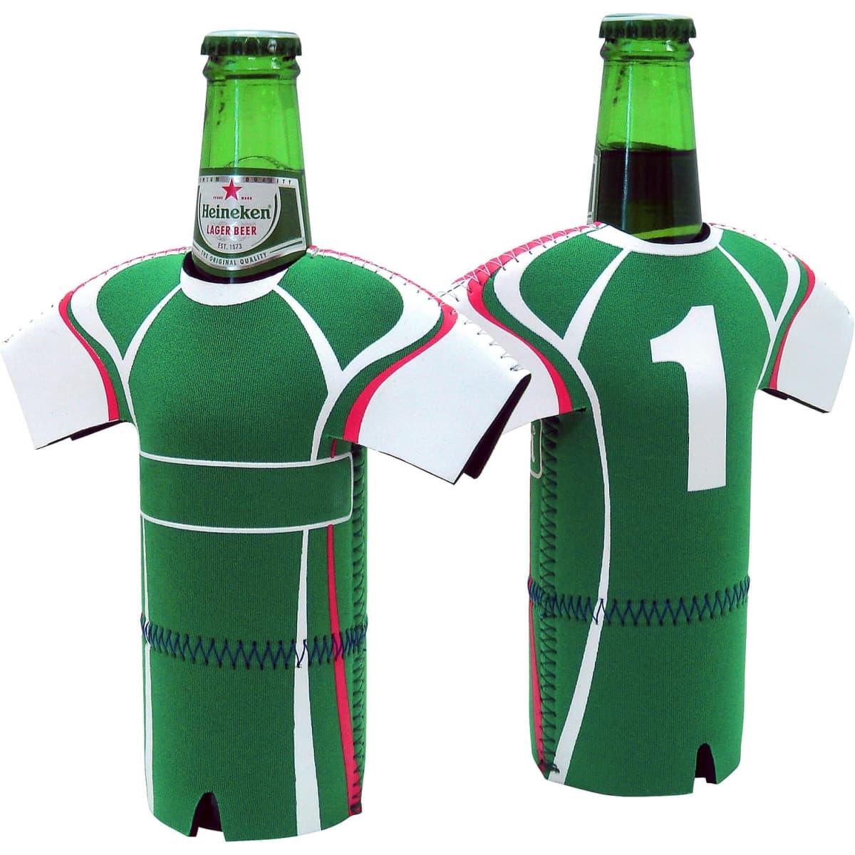 A drink bottle cooler designed like a green soccer jersey with pink accents, featuring a small number on the front.