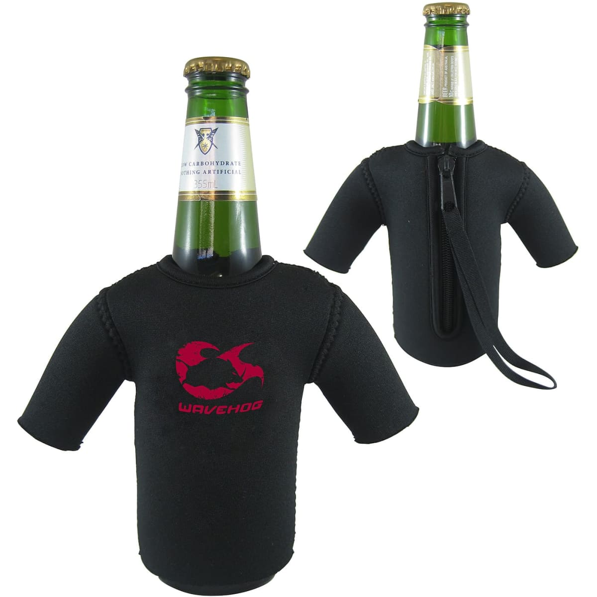 A drink bottle covered in a black wetsuit-style cooler, featuring short sleeves and a logo.