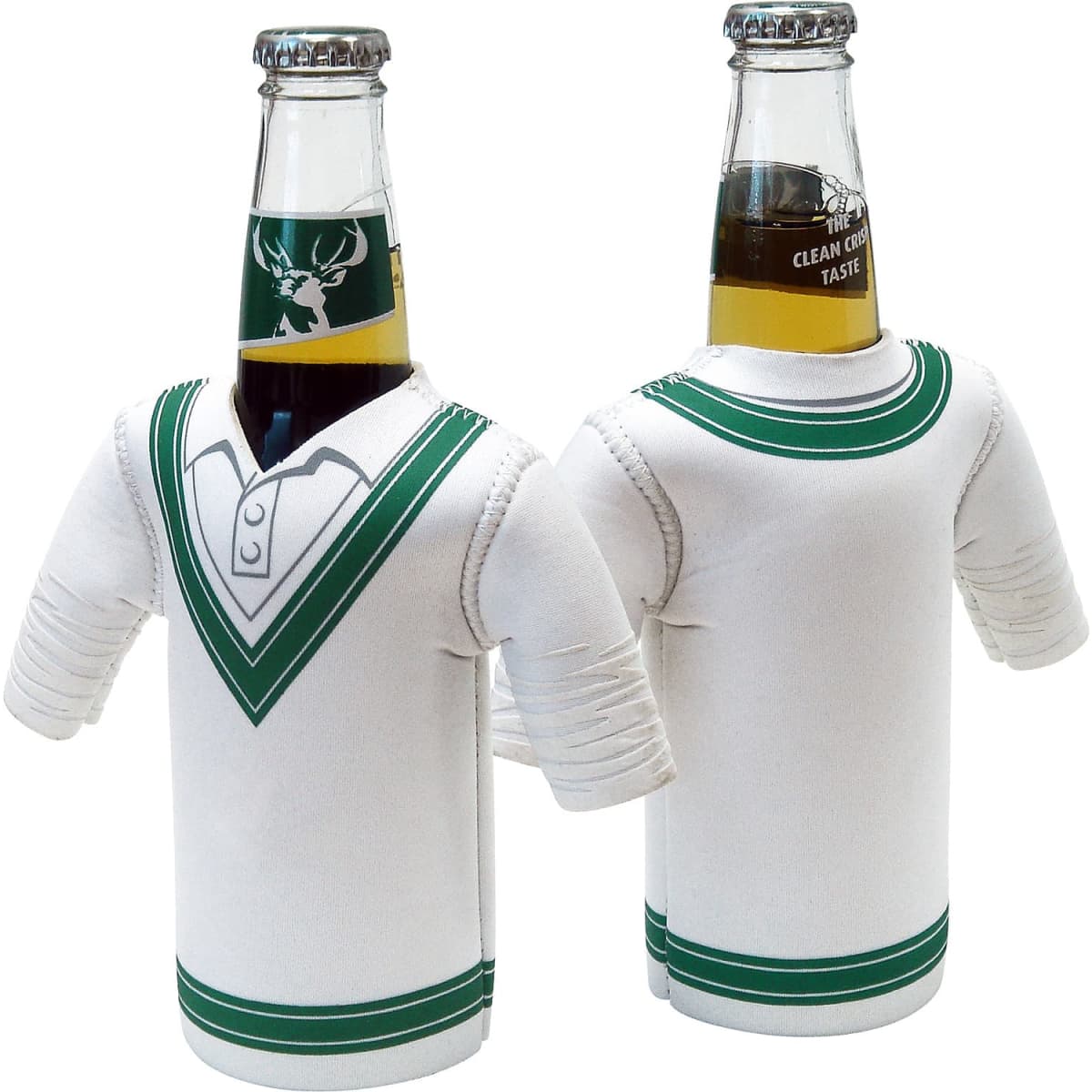 A drink bottle cooler designed like a cricket jersey, featuring white fabric with green accents and a logo.