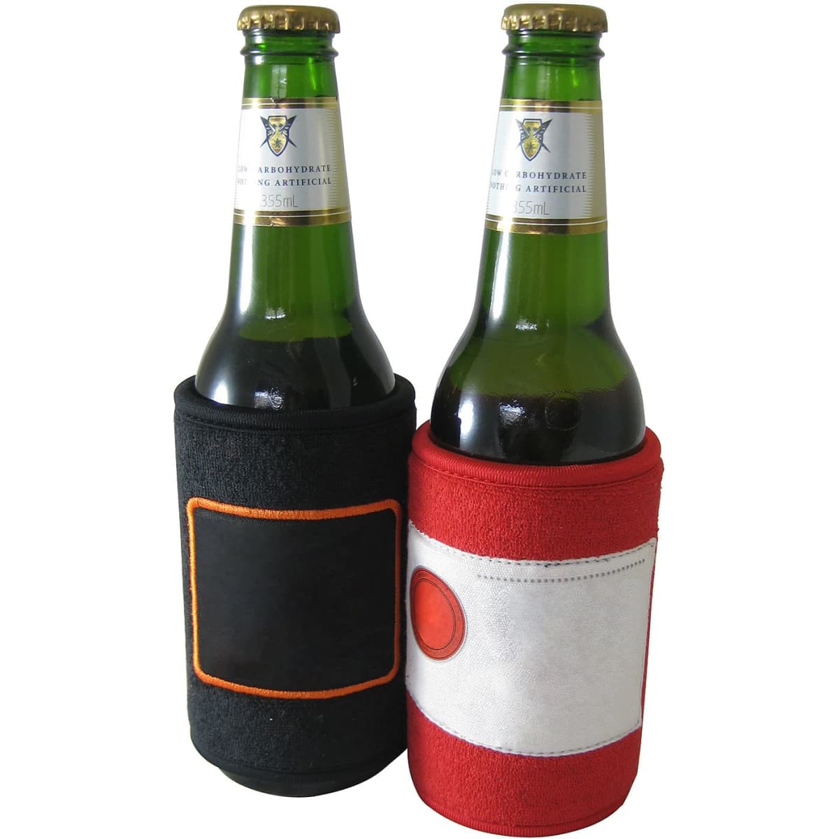 A drink bottle cooler set featuring one black and one red sweat band design, each with a logo.