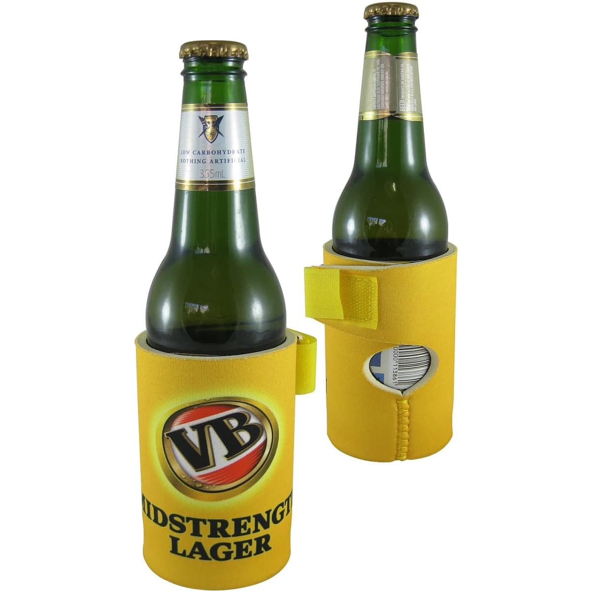 A drink bottle cooler in bright yellow with a logo, designed to fit around standard beverage bottles.