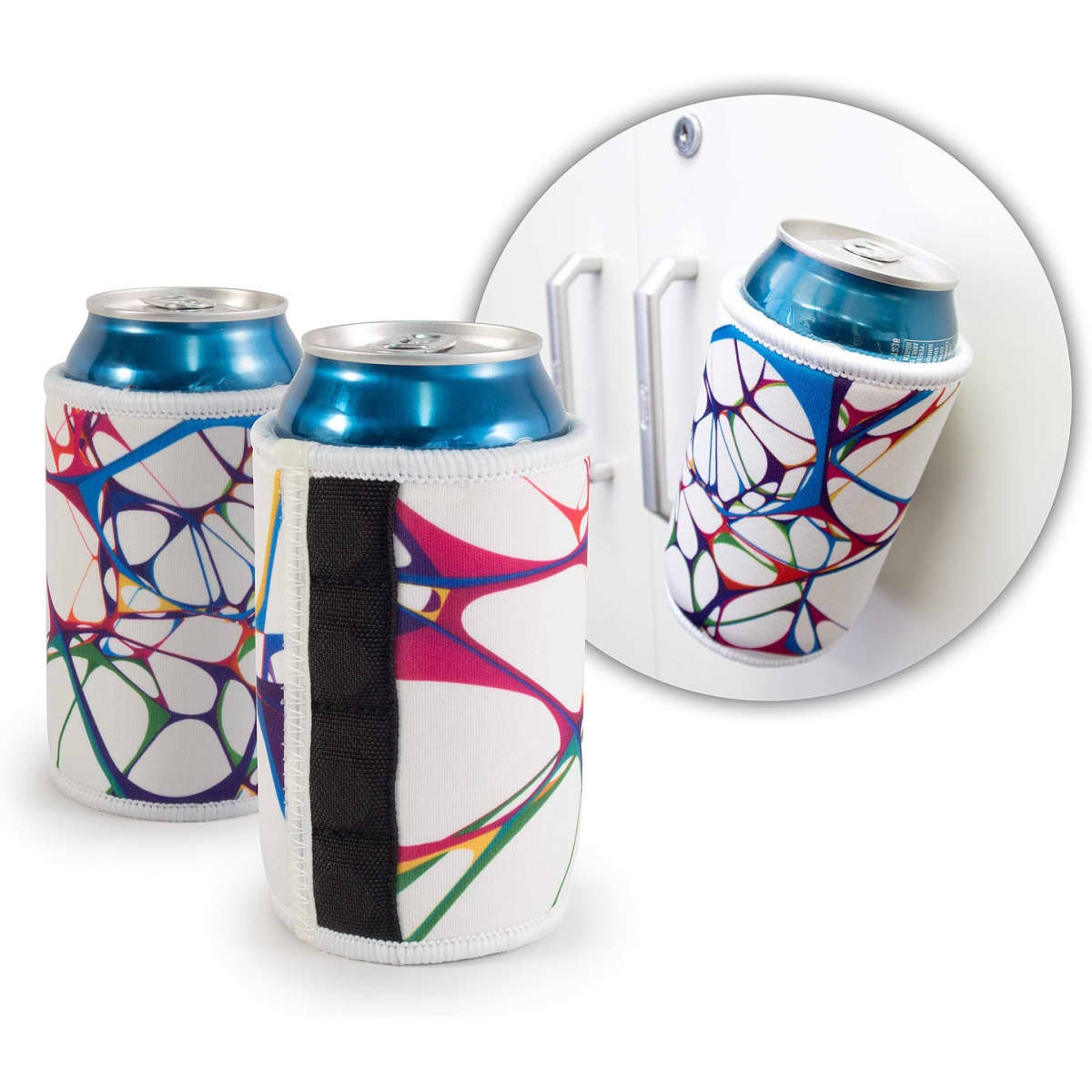 A drink can cooler featuring a colourful abstract design, with a magnetic side for attachment.