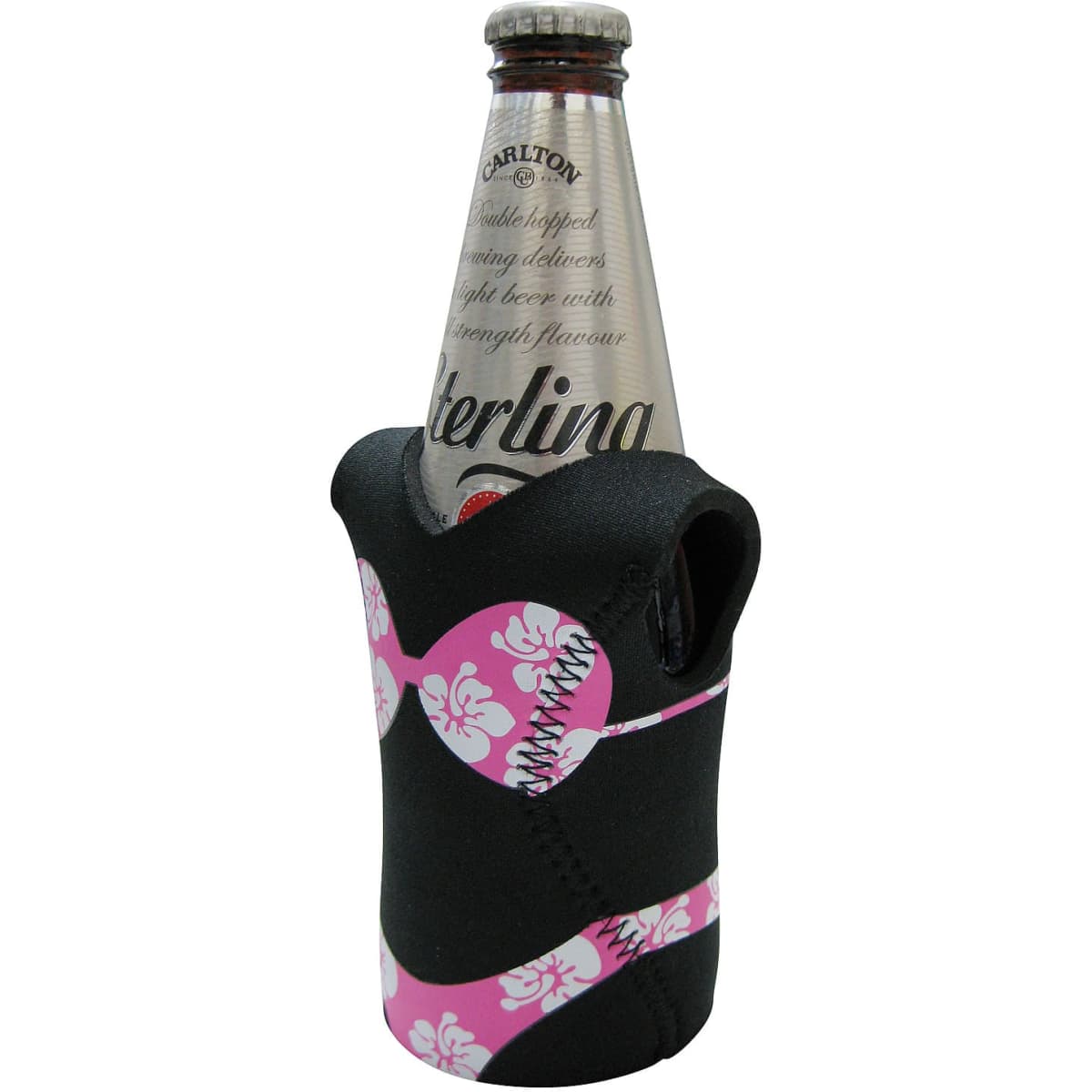 A drink bottle cooler shaped like a bikini, featuring a black and pink design with floral patterns. It also has a logo.