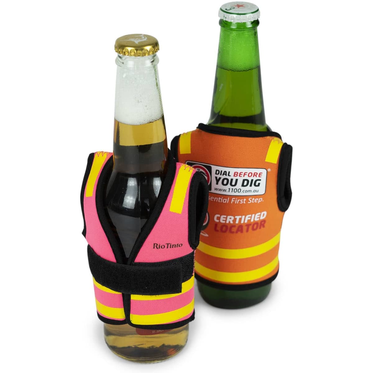 A drink bottle cooler in vibrant pink and yellow, designed with reflective safety vest features and branding.