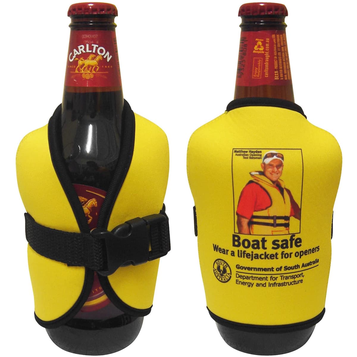 A drink bottle holder in bright yellow neoprene with a black strap and a logo featuring safety messaging on the side.