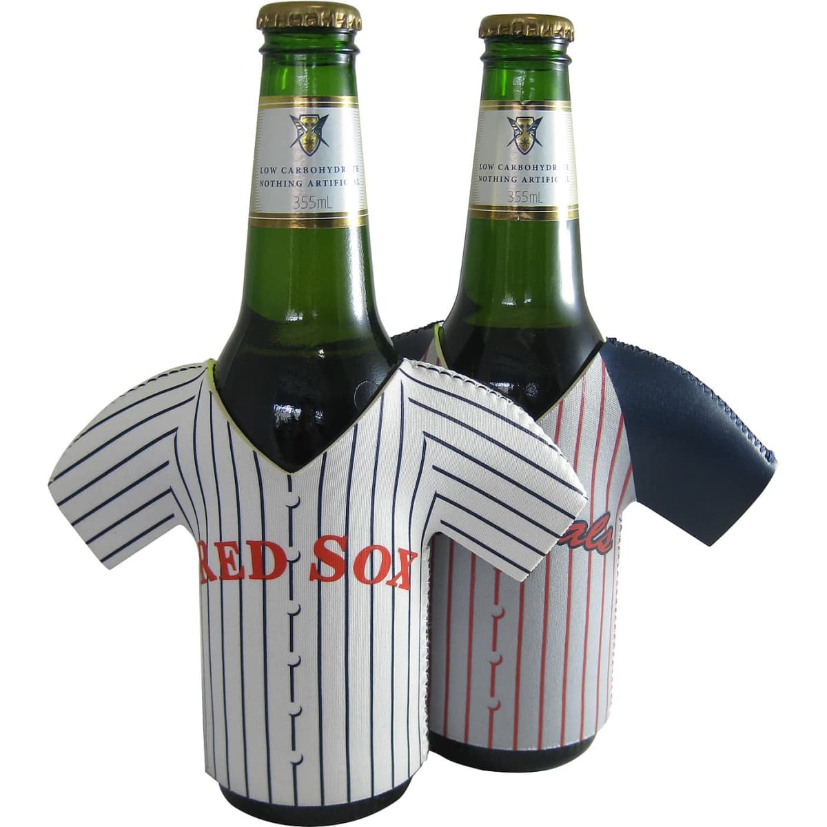 A drink bottle cooler designed like a baseball jersey, featuring blue and white striped patterns with a logo.