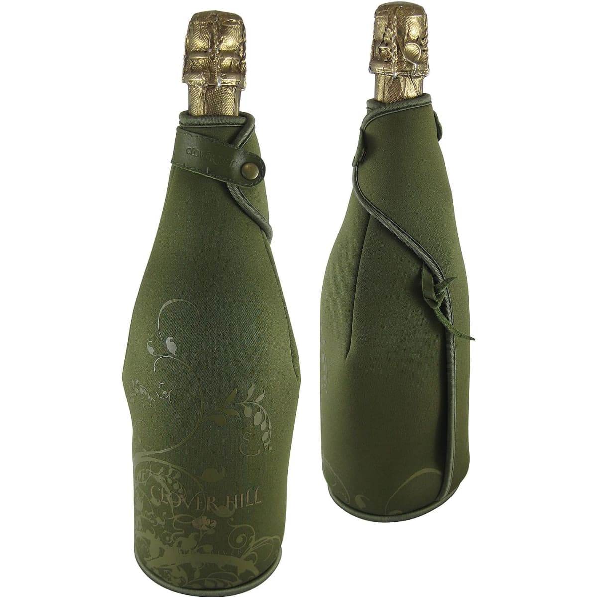 A drink bottle holder in olive green, designed for a champagne bottle with a textured surface and a logo.
