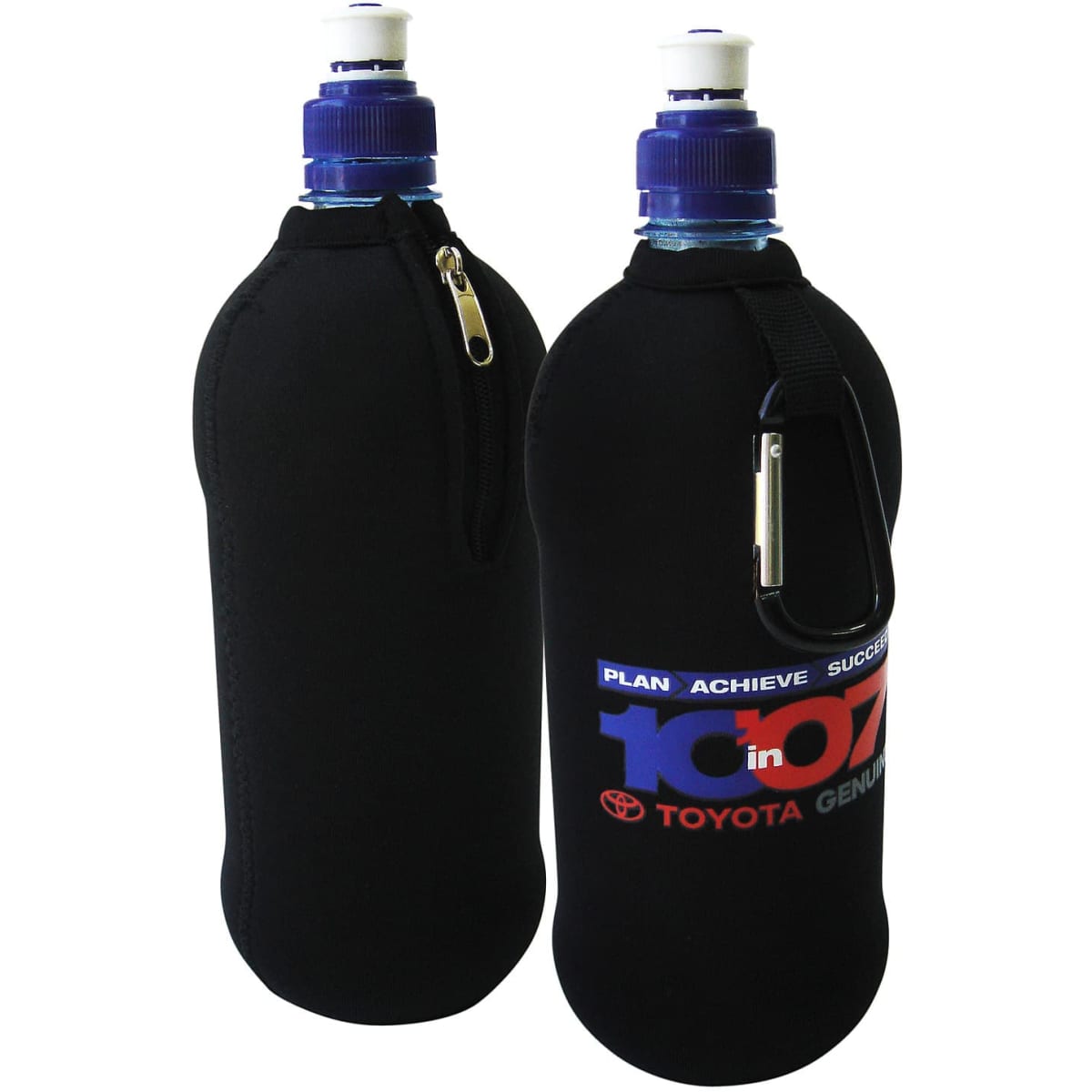 A drink bottle cooler in black with a carabiner, featuring a zip closure and a logo on the front.