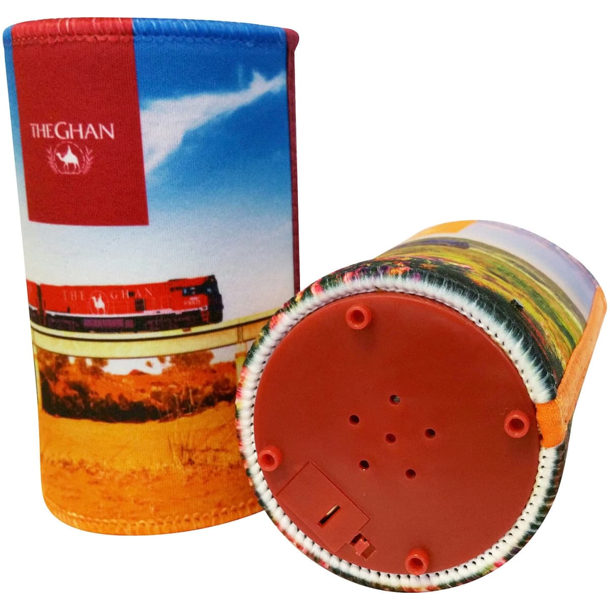 A vibrant drink bottle cooler in orange and blue featuring a scenic landscape, with a logo and base for sound activation.
