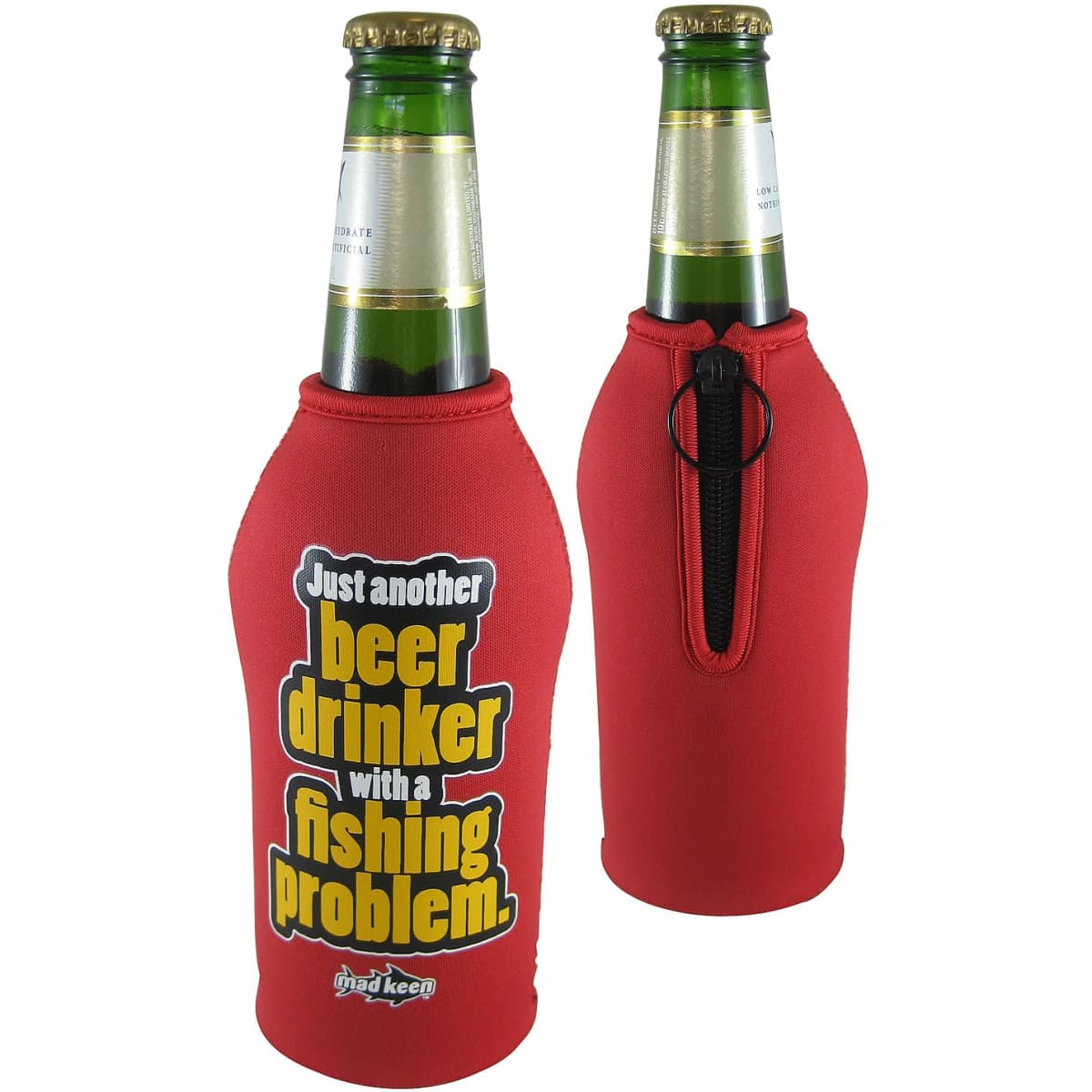 A drink bottle koozie in vibrant red with a zip feature and a logo, designed to fit standard beverage bottles.