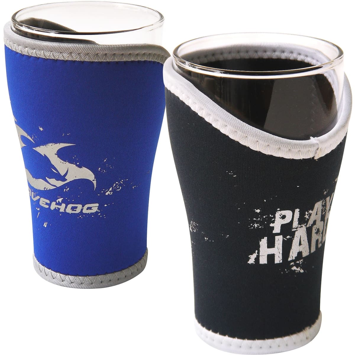 A schooner glass holder featuring blue and black neoprene designs with decorative stitching and a branding logo.