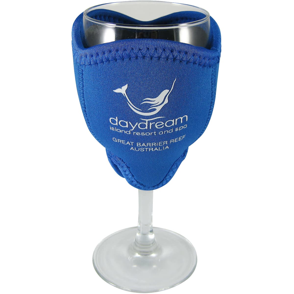 A large blue wine glass holder with a logo, designed to fit over a wine glass.