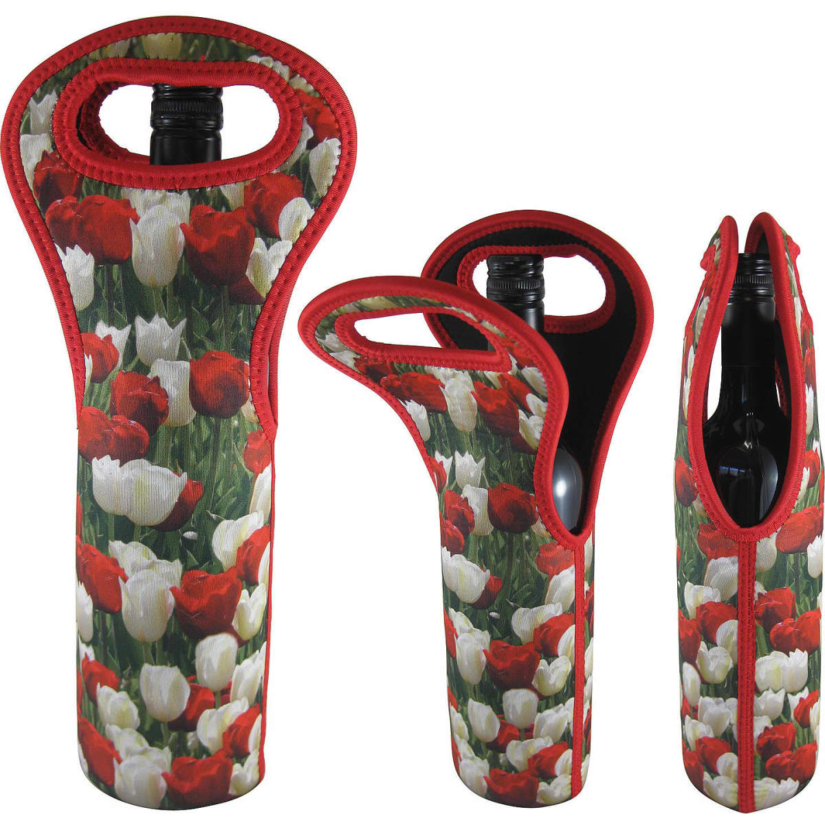 A single wine bag featuring a floral design with red and white tulips, equipped with a handle and a logo.