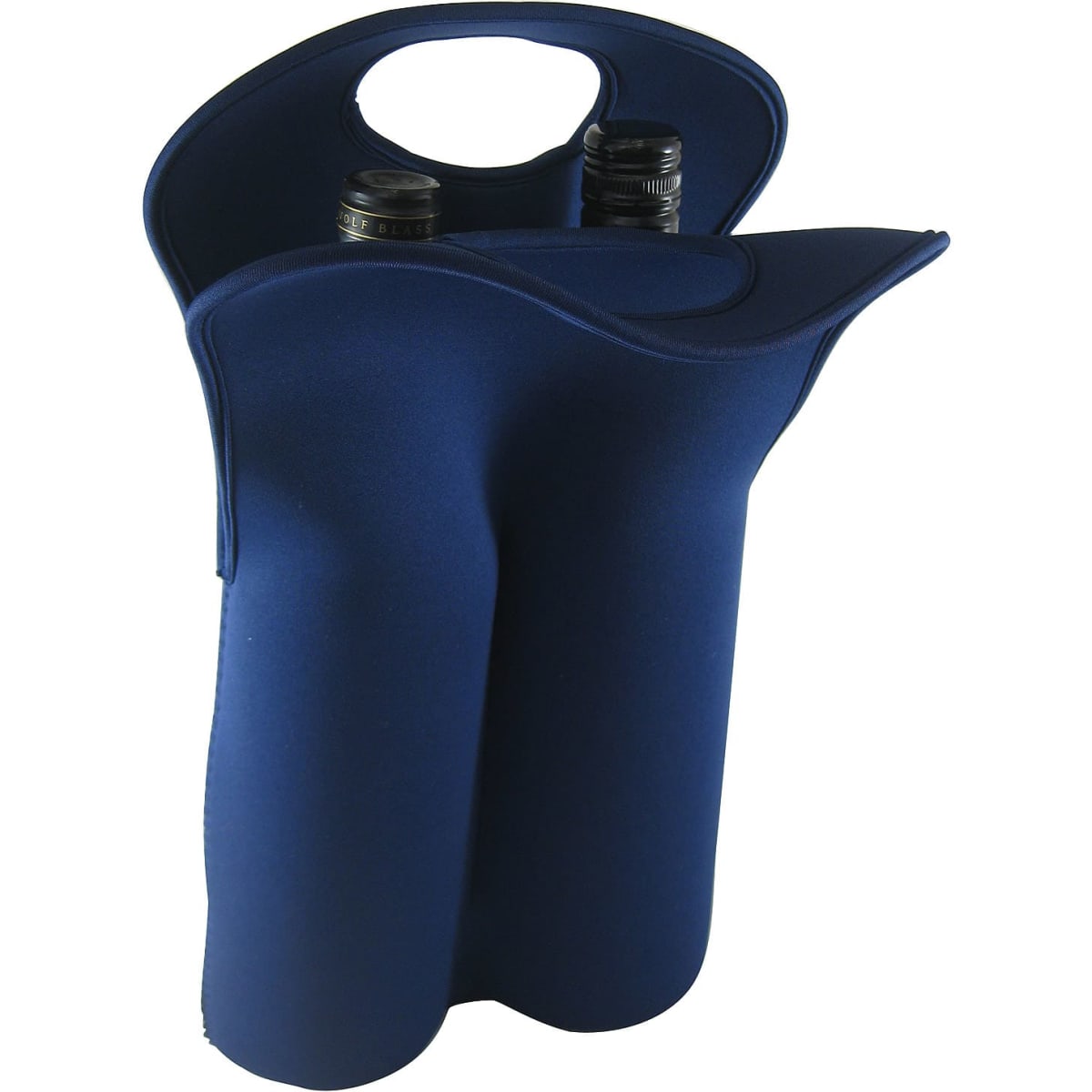 A double wine bag in navy blue, designed to hold two bottles, featuring a handle and a plain logo.