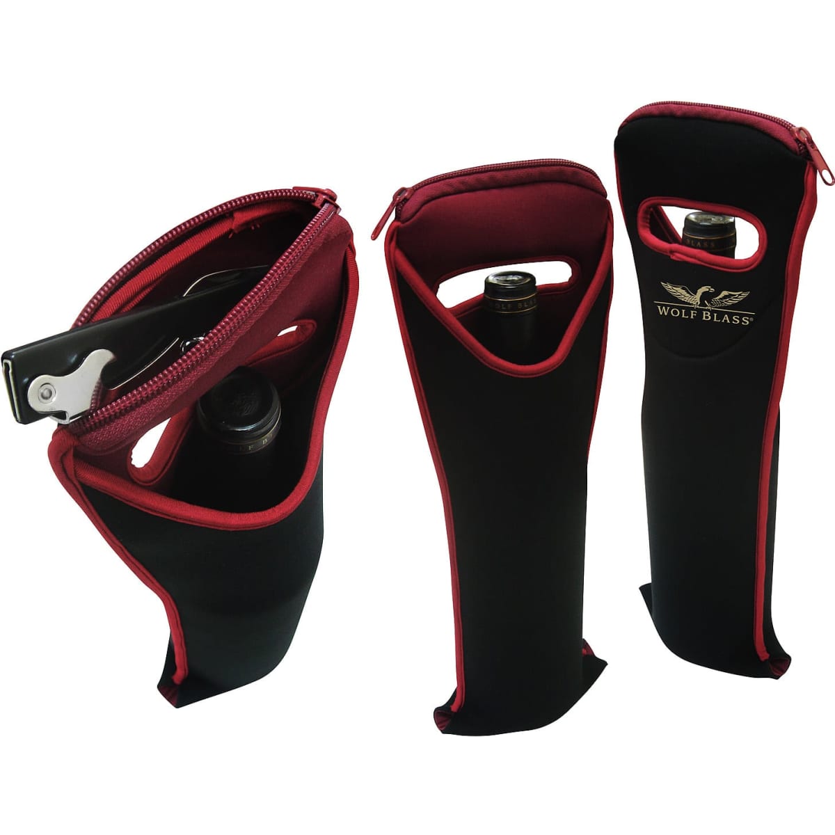 A black wine bag with a maroon trim and a waiter's friend corkscrew, featuring a logo.