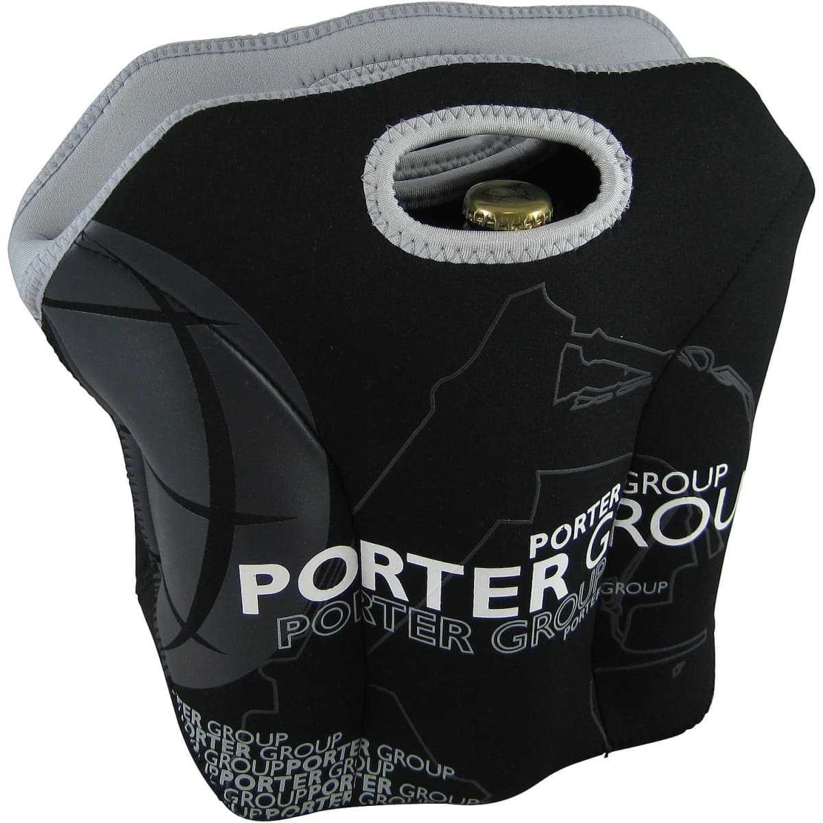 A black and grey insulated drink holder featuring a handle and logo, designed to carry drinks.