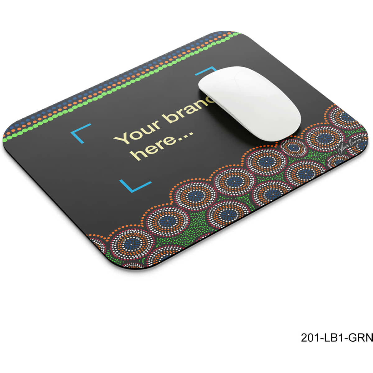 A rectangular mouse pad featuring a vibrant pattern with green, red, and blue elements, with a white mouse on top.
