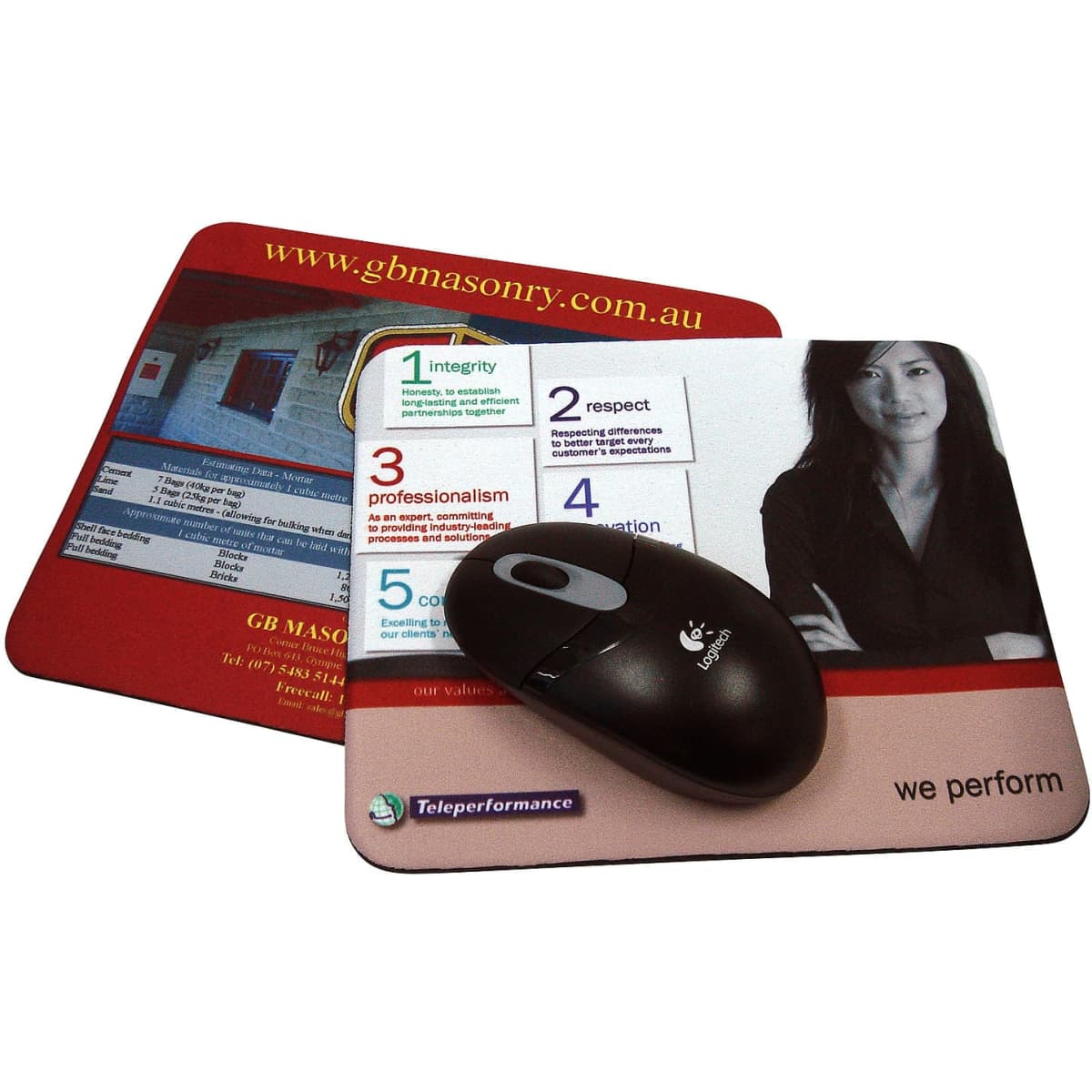 A rectangular mouse pad featuring a red and white design with a black computer mouse on top. It includes a logo.