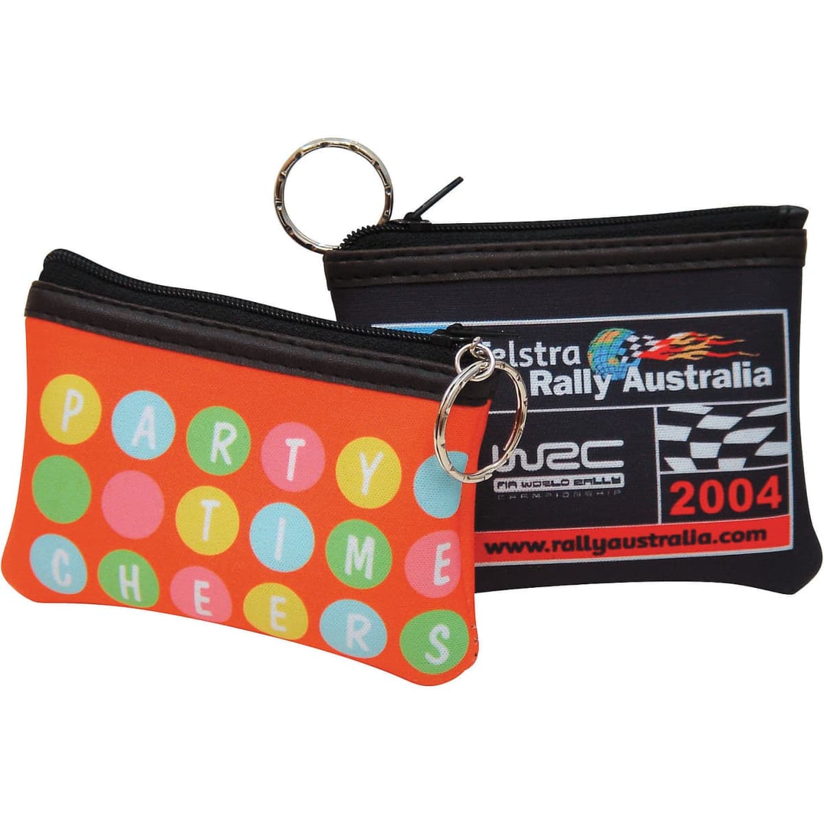 Two rectangular coin bags in bright orange and black, featuring a polka dot design and a logo. Each has a keyring attached.