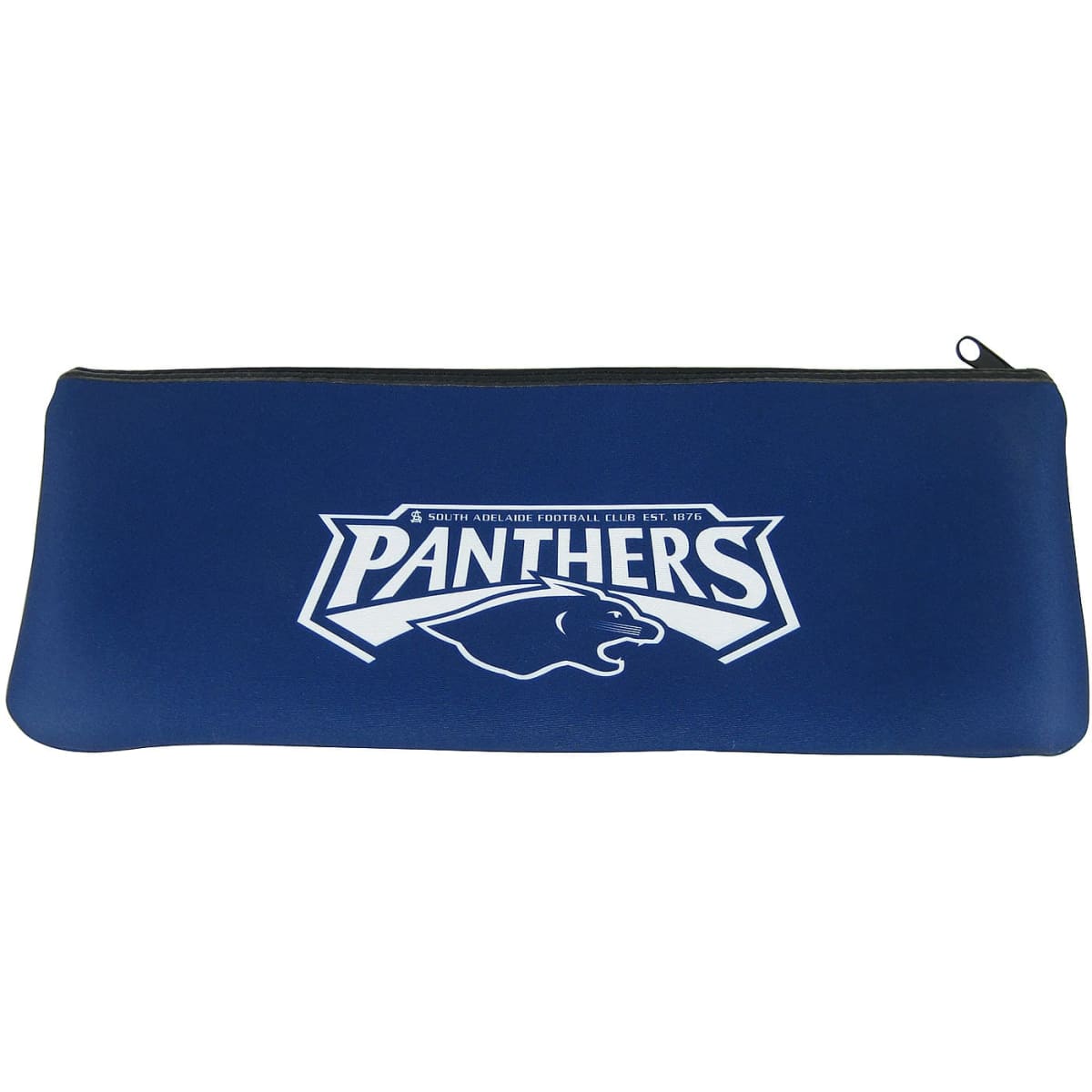 A large blue pencil case featuring a logo, zip closure, and a smooth exterior surface.