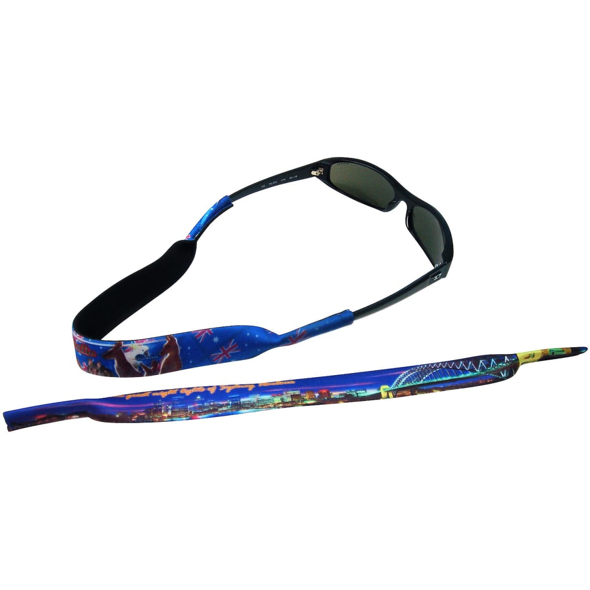 A black pair of sunglasses with a blue and multicoloured sunglass strap featuring a scenic design and a logo.