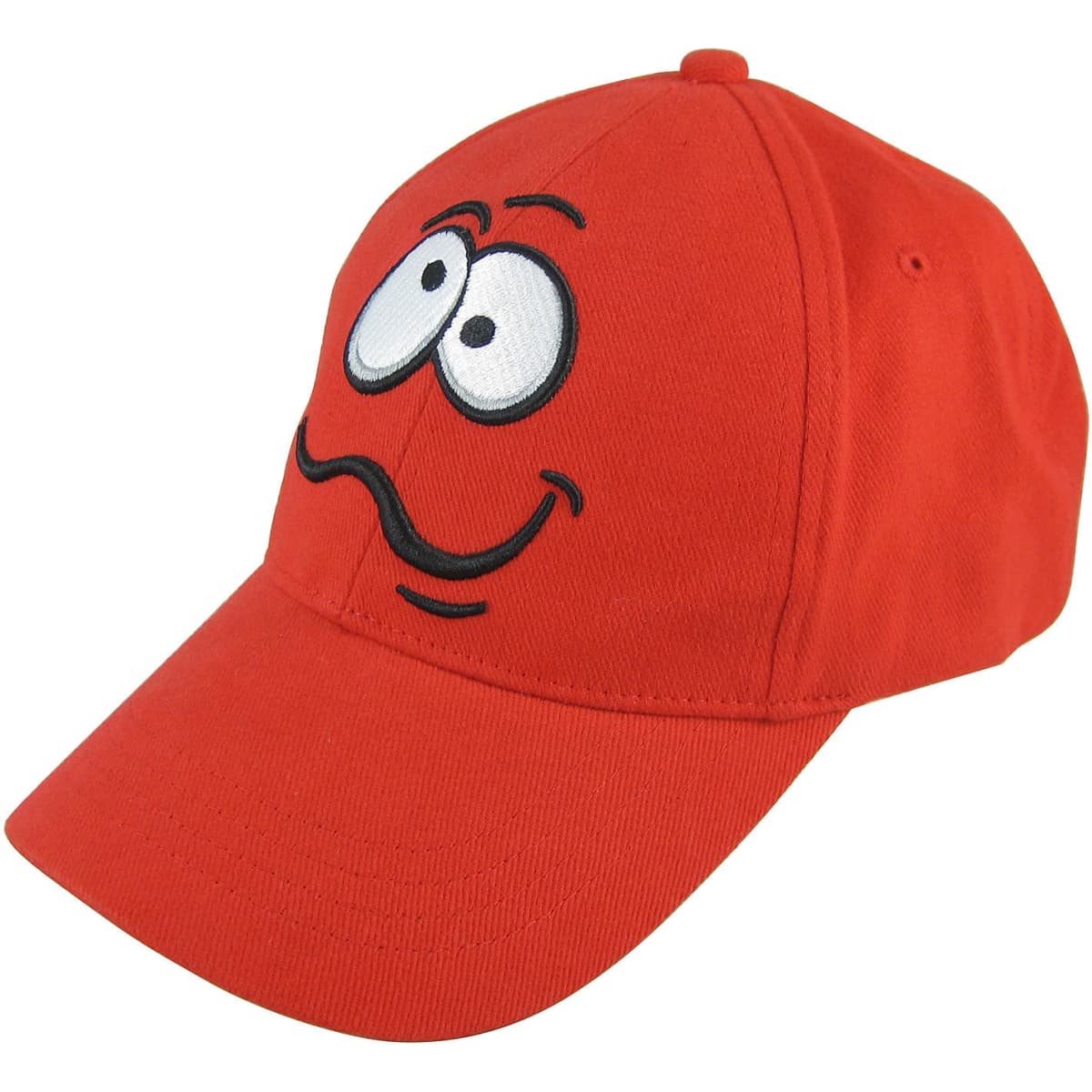 A red cotton cap featuring a playful face design and a logo on the front.