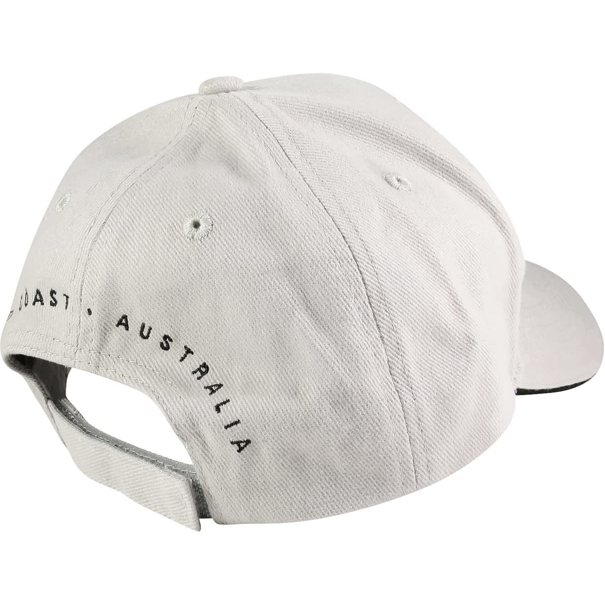 A cap with a sandwich peak, in light grey, featuring a logo on the back. The design includes stitched detailing.