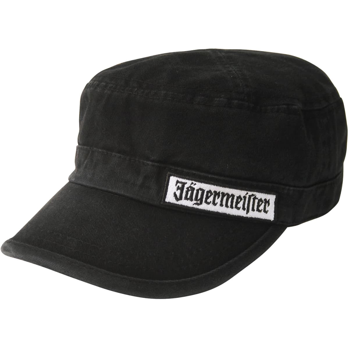A black chino twill military cap featuring a front patch and a curved brim. The cap has a logo on the front.