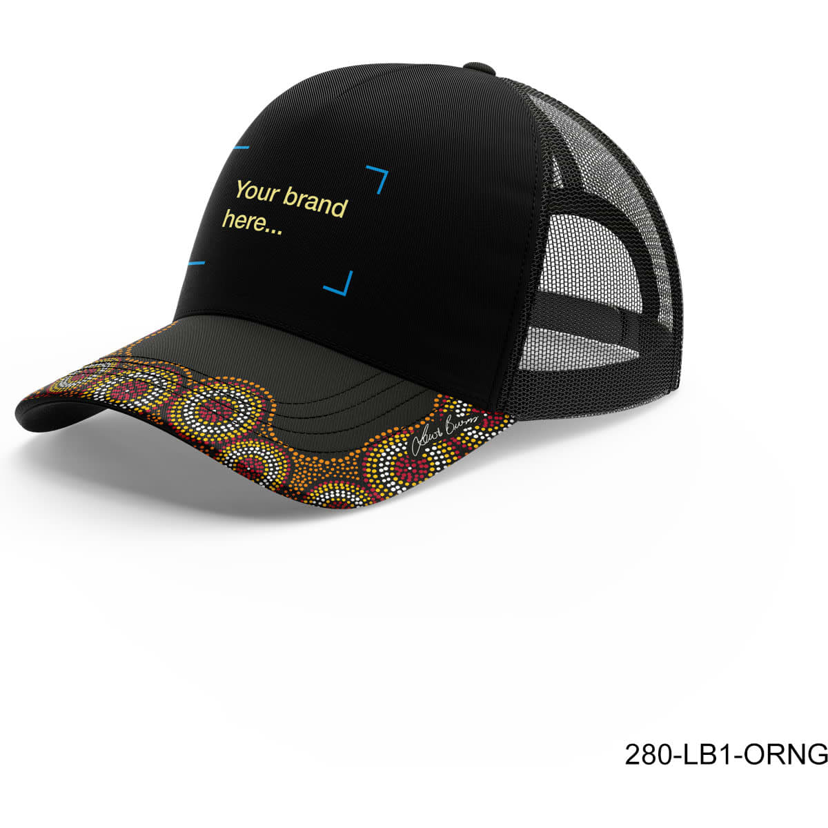 A black foam front truckers cap with a patterned brim and mesh back, featuring a branding space.