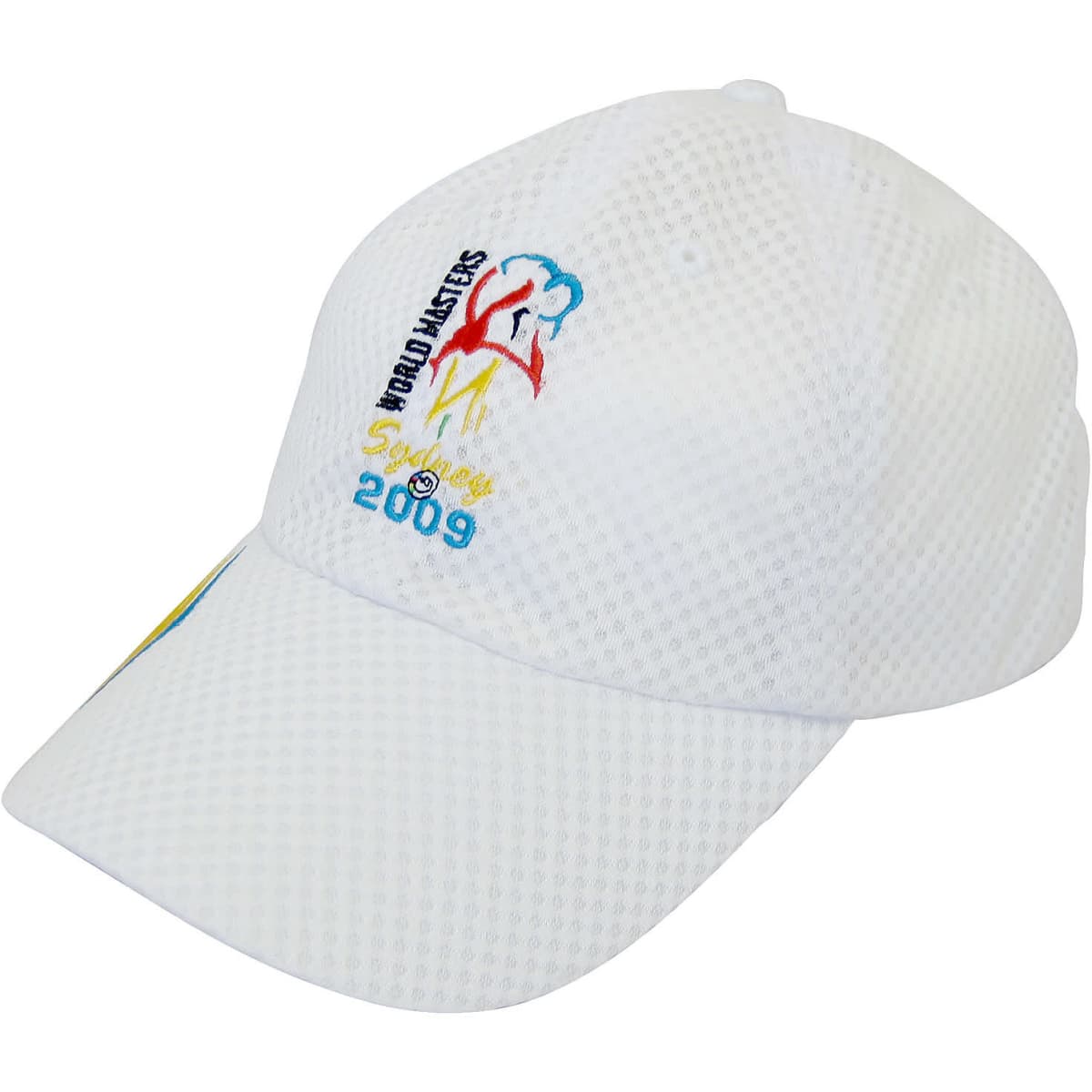 A white polyester mesh cap with an embroidered logo and colourful design on the front.