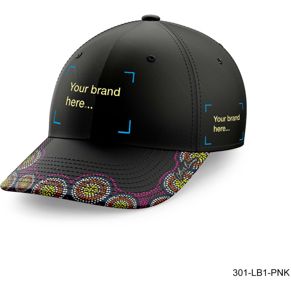 A black five-panel cap with a patterned brim and branding areas. Features a vibrant design along the edge.