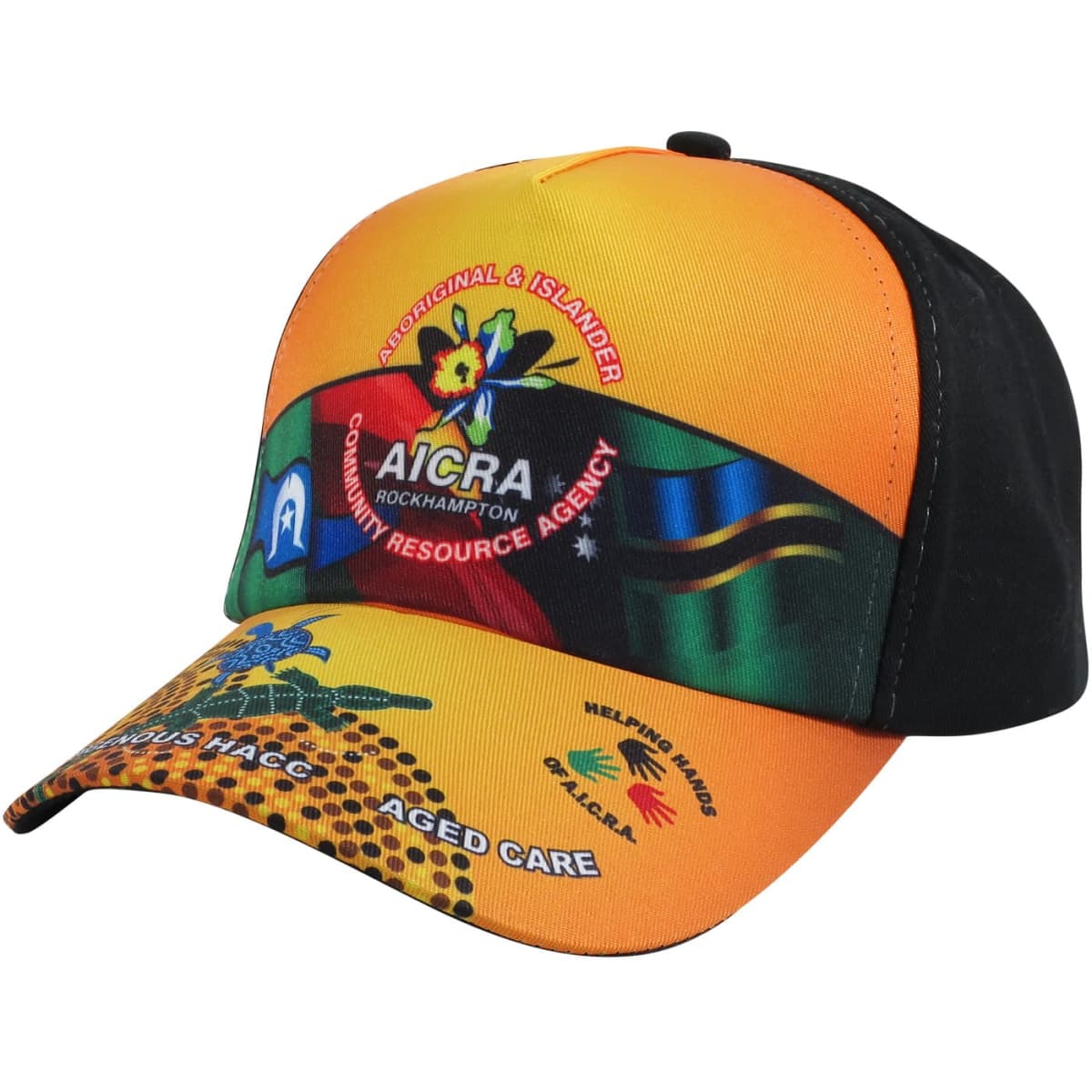 A five-panel cap featuring a vibrant orange and black design with various logos and images.