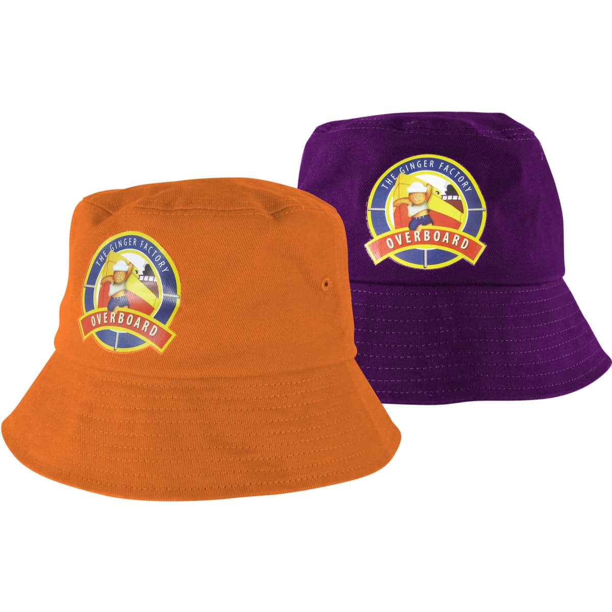 Two bucket hats in orange and purple, each featuring a logo on the front.