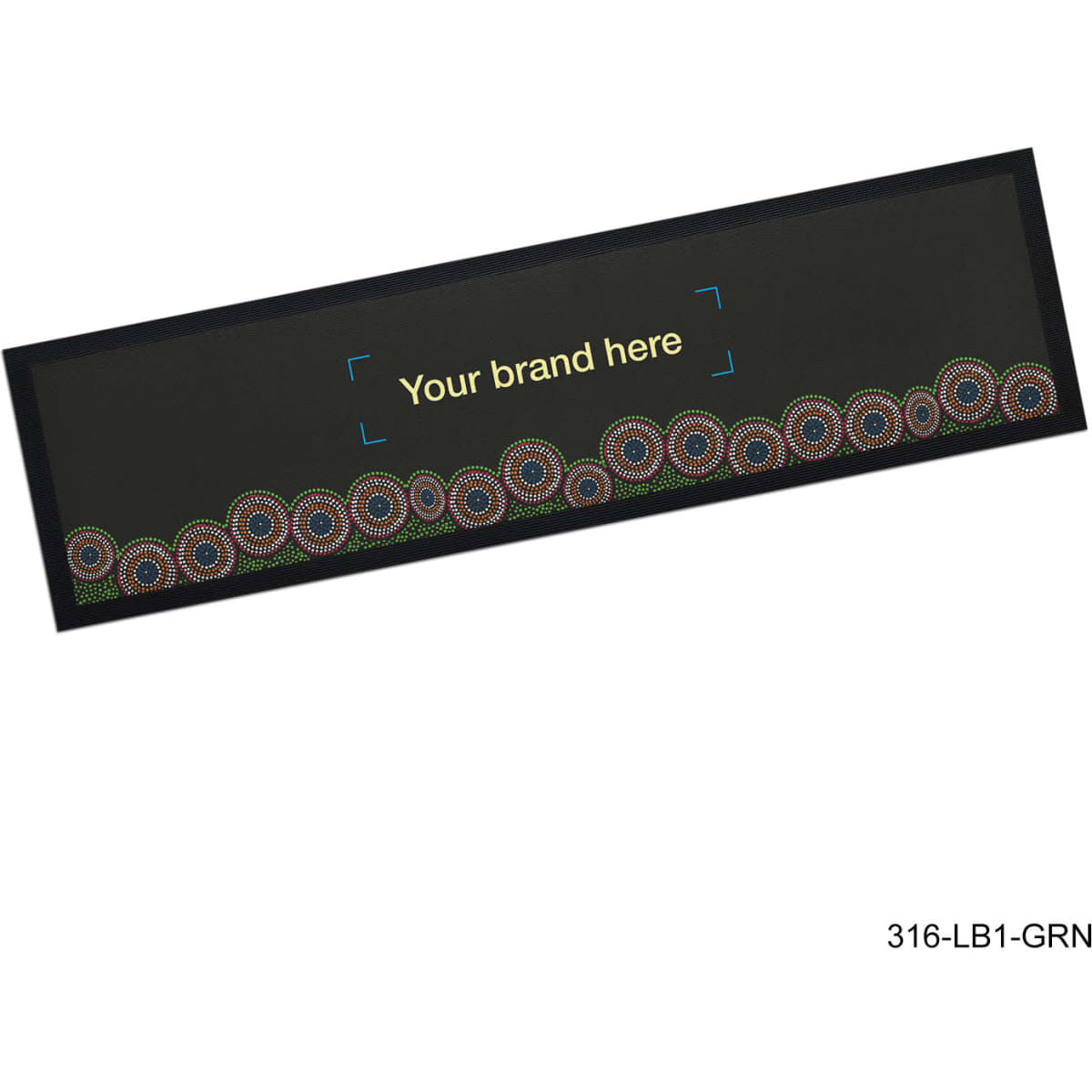 A bar runner featuring a dark background with colourful circular patterns along the bottom and a space for branding.