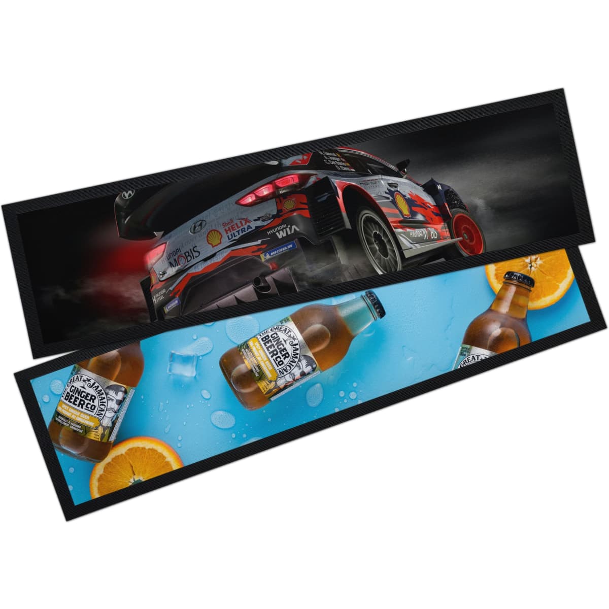 A bar runner featuring a racing car design and images of beer bottles with slices of orange, set against a blue background.