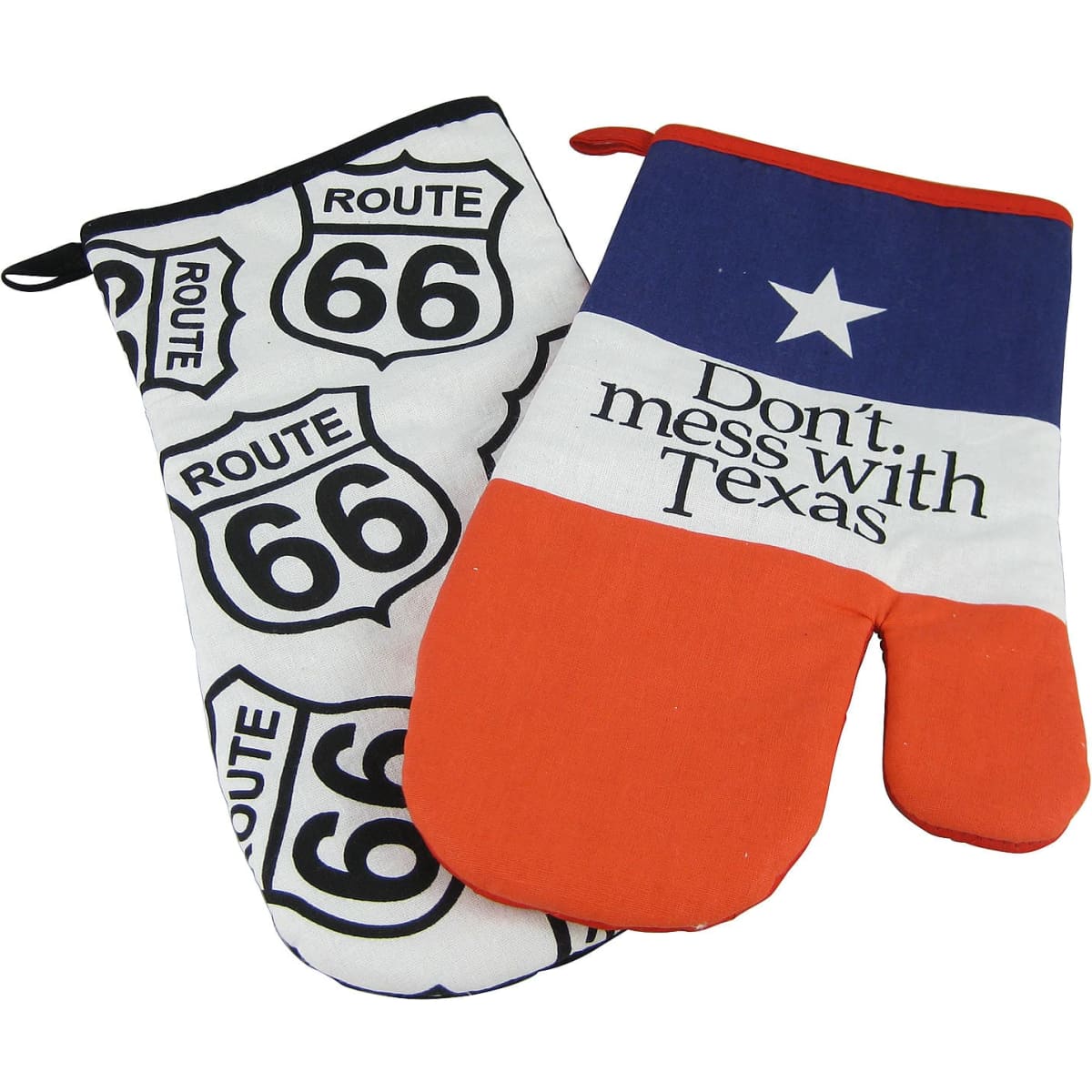A pair of kitchen mittens featuring a Route 66 print and a Texas flag design in red, white, and blue colours.
