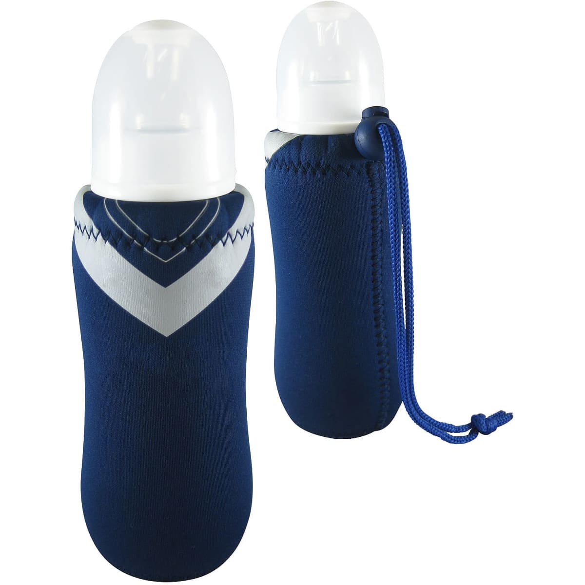 A drink bottle holder in navy blue with a white design, featuring a cap and a braided cord.