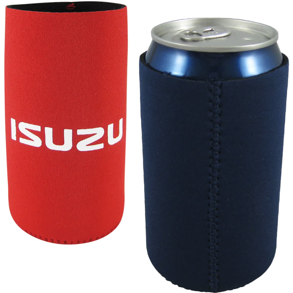 A drink bottle stubby holder in red and navy, featuring a logo, designed to keep beverages cool.