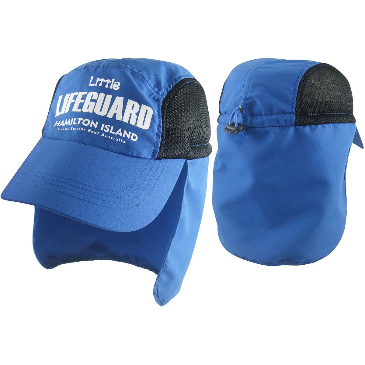 A blue legionnaire cap with a mesh back and a wide brim, featuring a logo on the front.