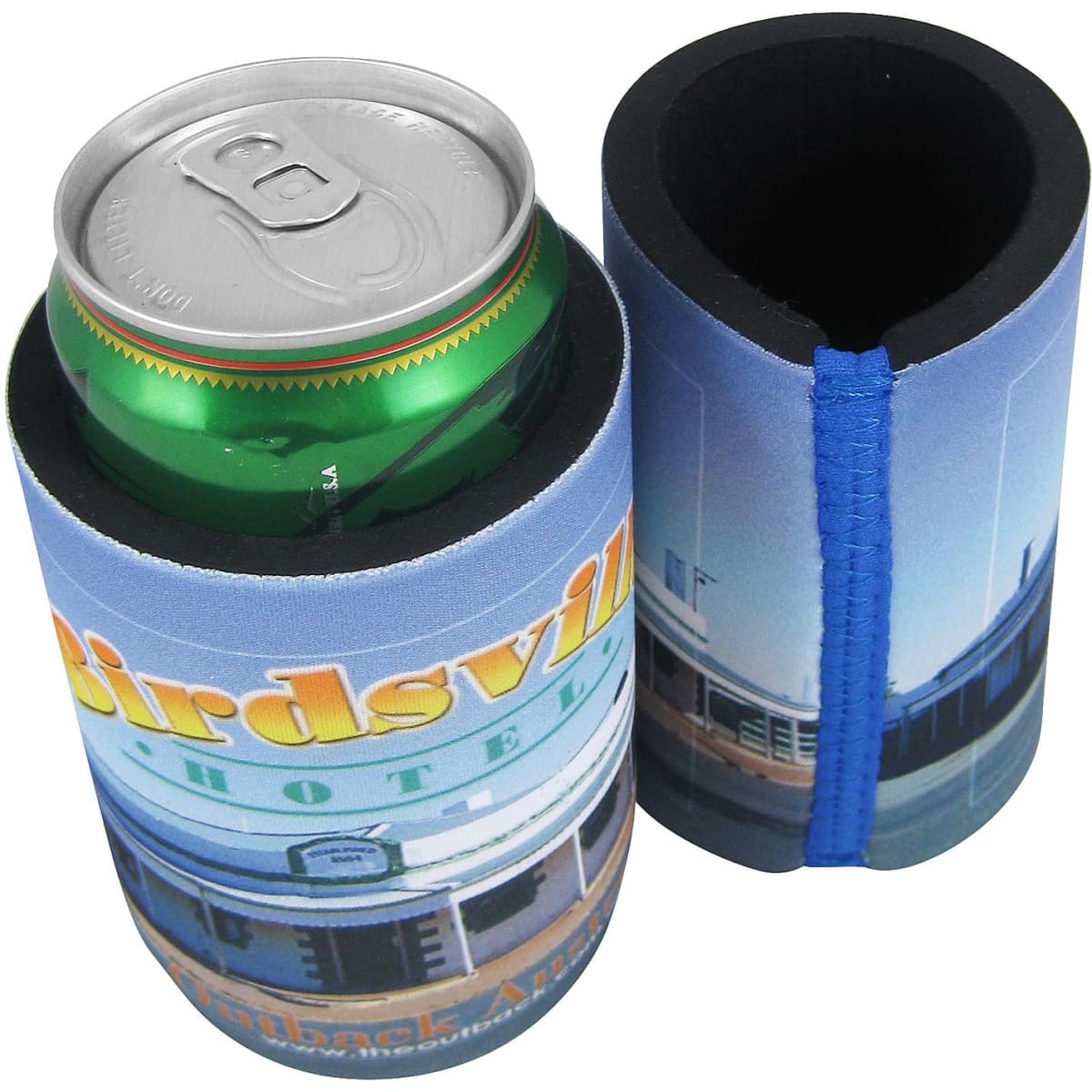 A drink can cooler in blue with a promotional design, accommodating a standard can. It includes a secure band for closure.