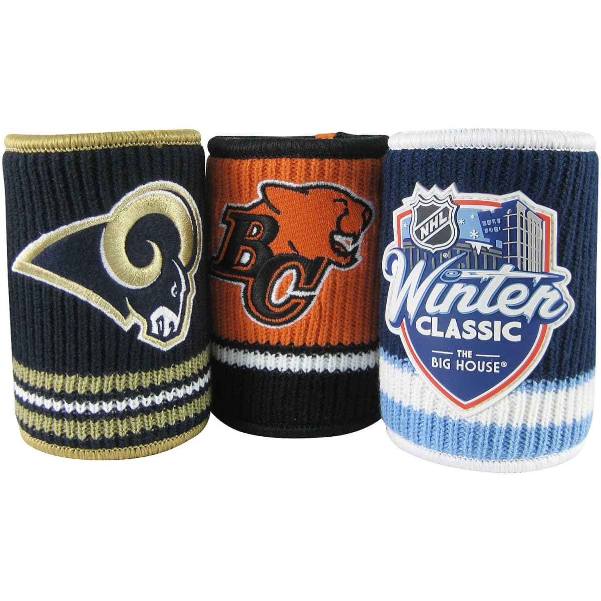 Three drink bottle coolers in black, orange, and multi-coloured designs, each with unique logos and patterns.