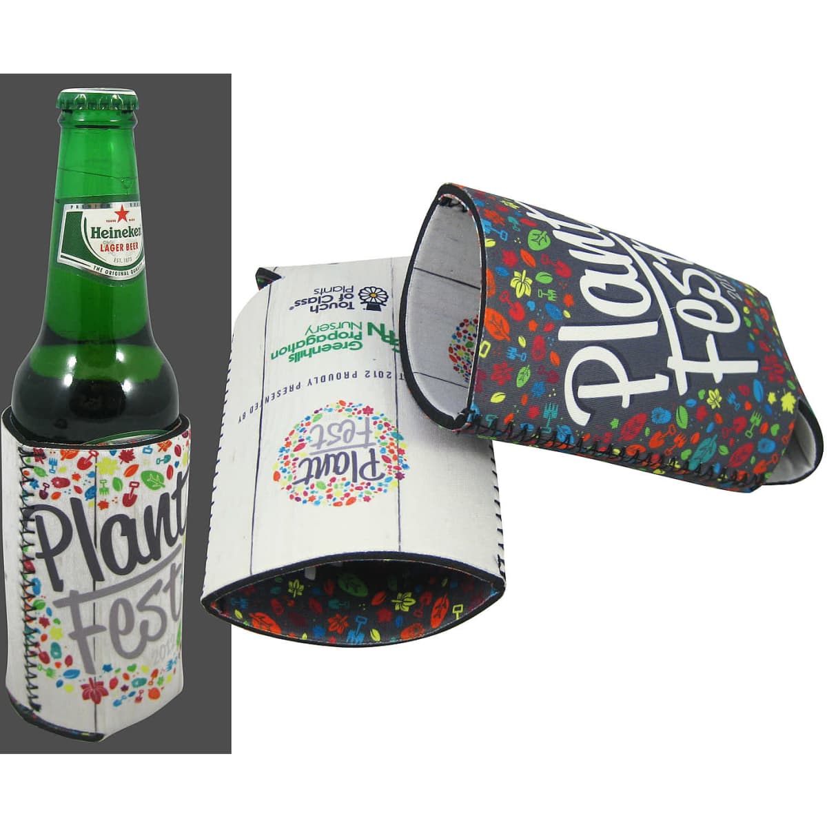 A drink bottle surrounded by a colourful reversible bottle cooler featuring a floral design and a logo.