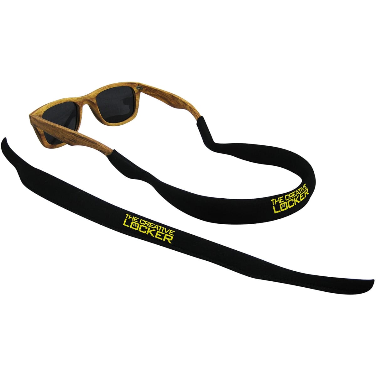 A pair of sunglasses with a black floatable strap, featuring a logo in yellow, displayed on a white background.