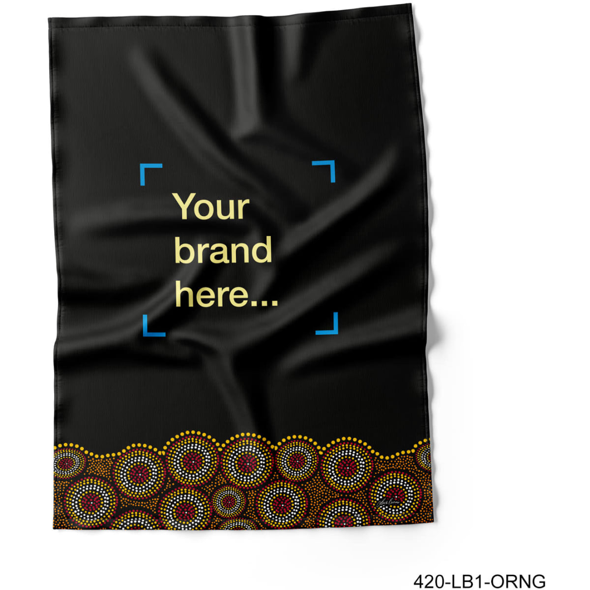 A black microfiber tea towel featuring a colourful patterned border and space for branding.