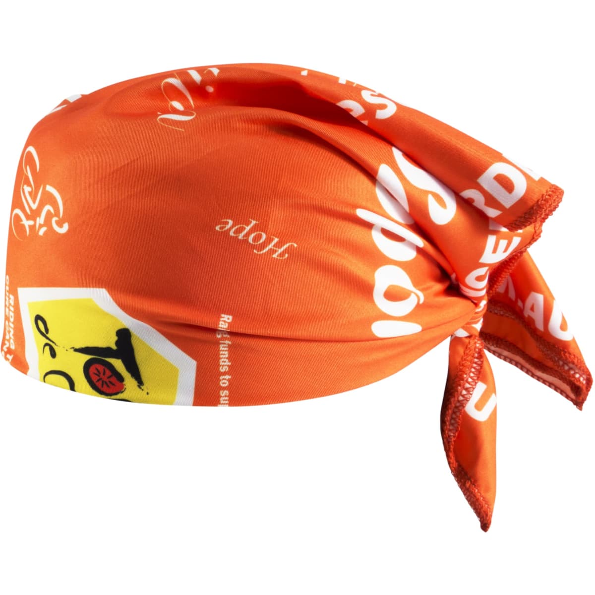 An orange sublimated bandana featuring various patterns and a logo.