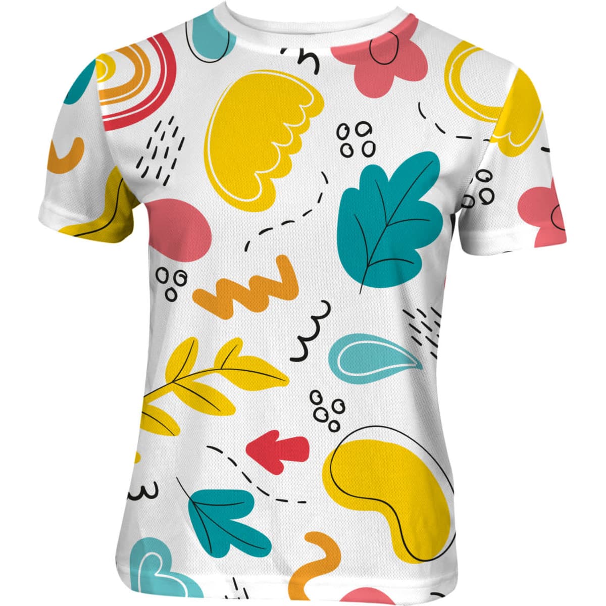 A crew neck youth T-shirt featuring a bright, colourful abstract design with various shapes and patterns.